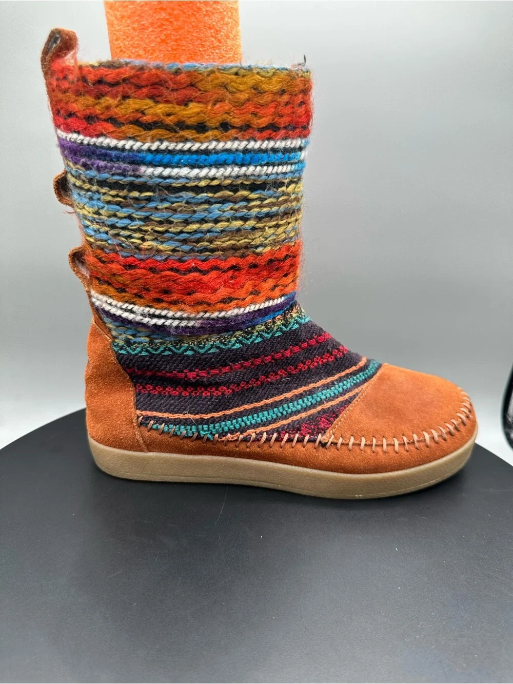Toms Nepal Suede Woven Yarn Mid Boots Women 6 Brown Boho Stripe